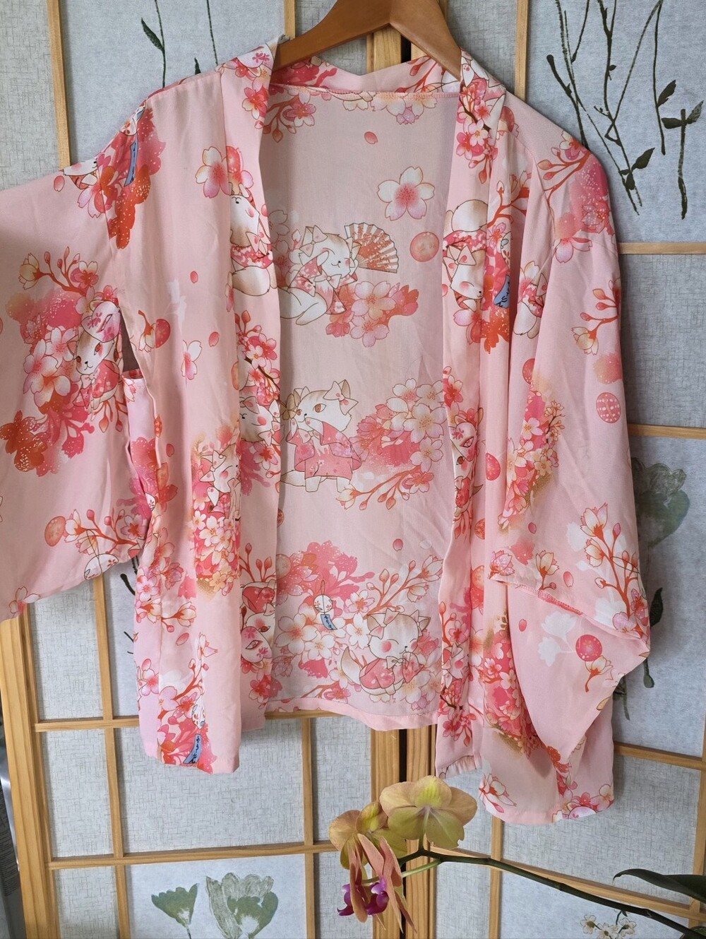 Girls Japan Inspired Kimono Robe - Age 10 To 12 Cat Sakura Floral Kawaii Print